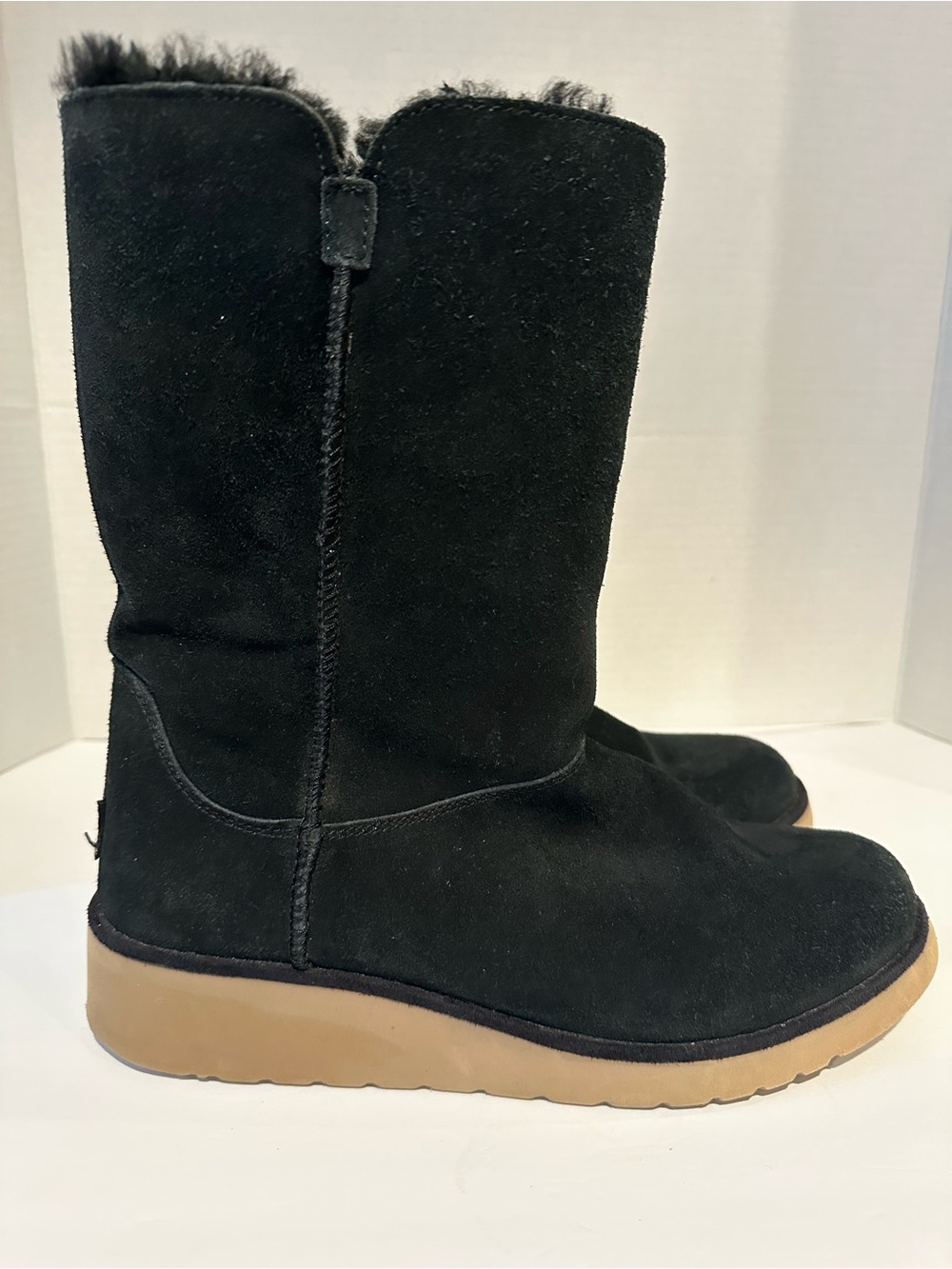 9 Koolaburra UGG Koola SLIM SHORT Black Suede Shearling-Trim Mid-Calf Boots